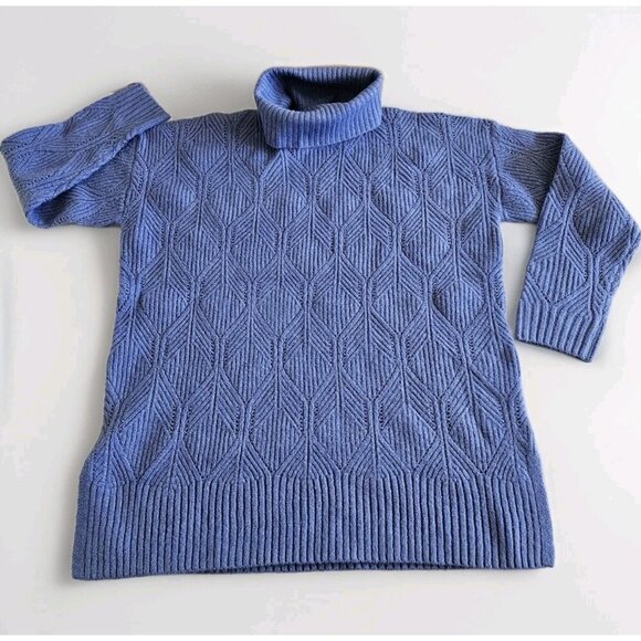 Reitmans Sweater Women L Blue LS Turtleneck Slits Preppy Boho Monochrome Cottage - Picture 1 of 14